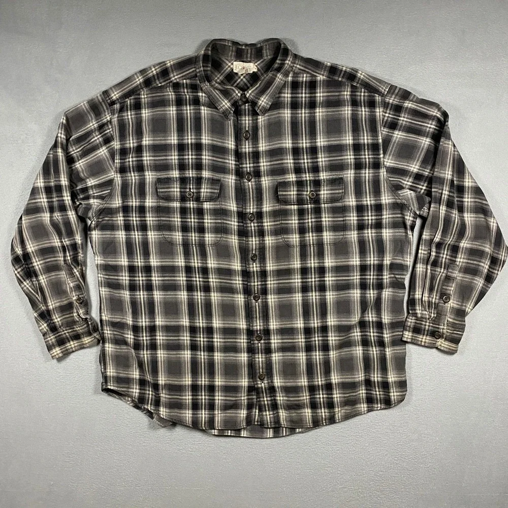 J.Crew Oarsman Flannel Shirt Mens XXL Black Grey Plaid Long Sleeve Pockets